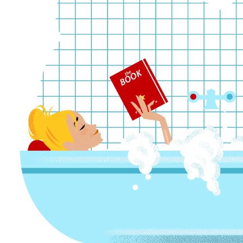 Line illustration of reading book in bathtub