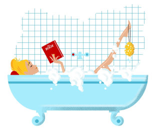 Ilustración de línea de libro de lectura en la bañera