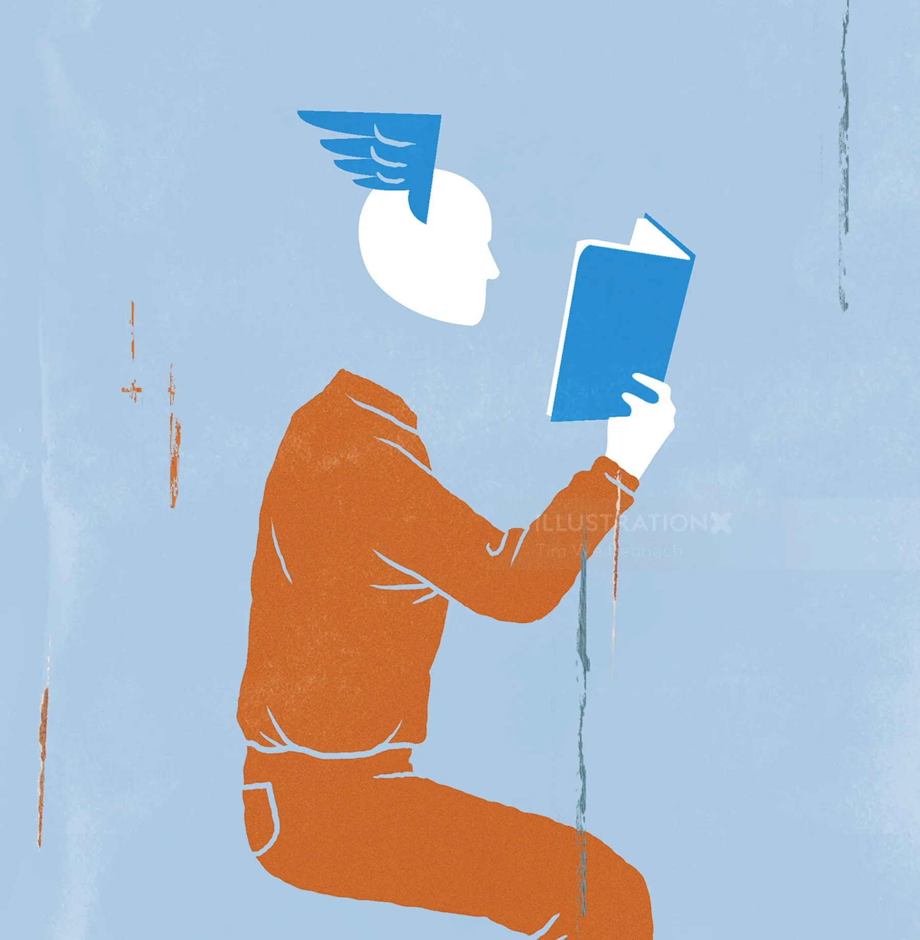 Silhouette of person reading blue book, head replaced by wing, by Tim Weiffenbach