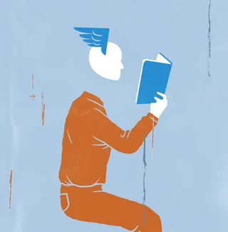 Silhouette of person reading blue book, head replaced by wing, by Tim Weiffenbach