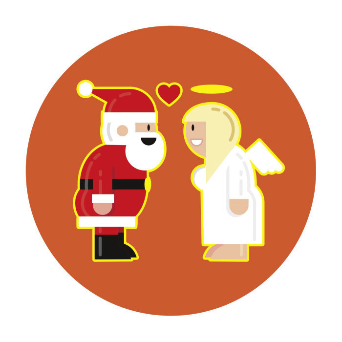 Ilustração dos desenhos animados do Papai Noel e anjo