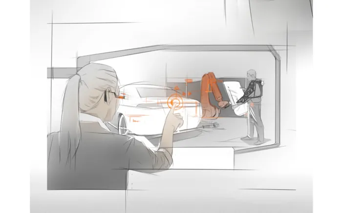 Futuristic car design concept with robotic arm by Timo Müller