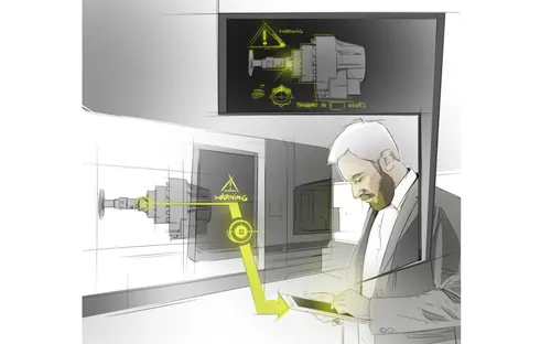 Man using augmented reality displays showing technical machine data by Timo Müller