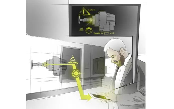 Man using augmented reality displays showing technical machine data by Timo Müller