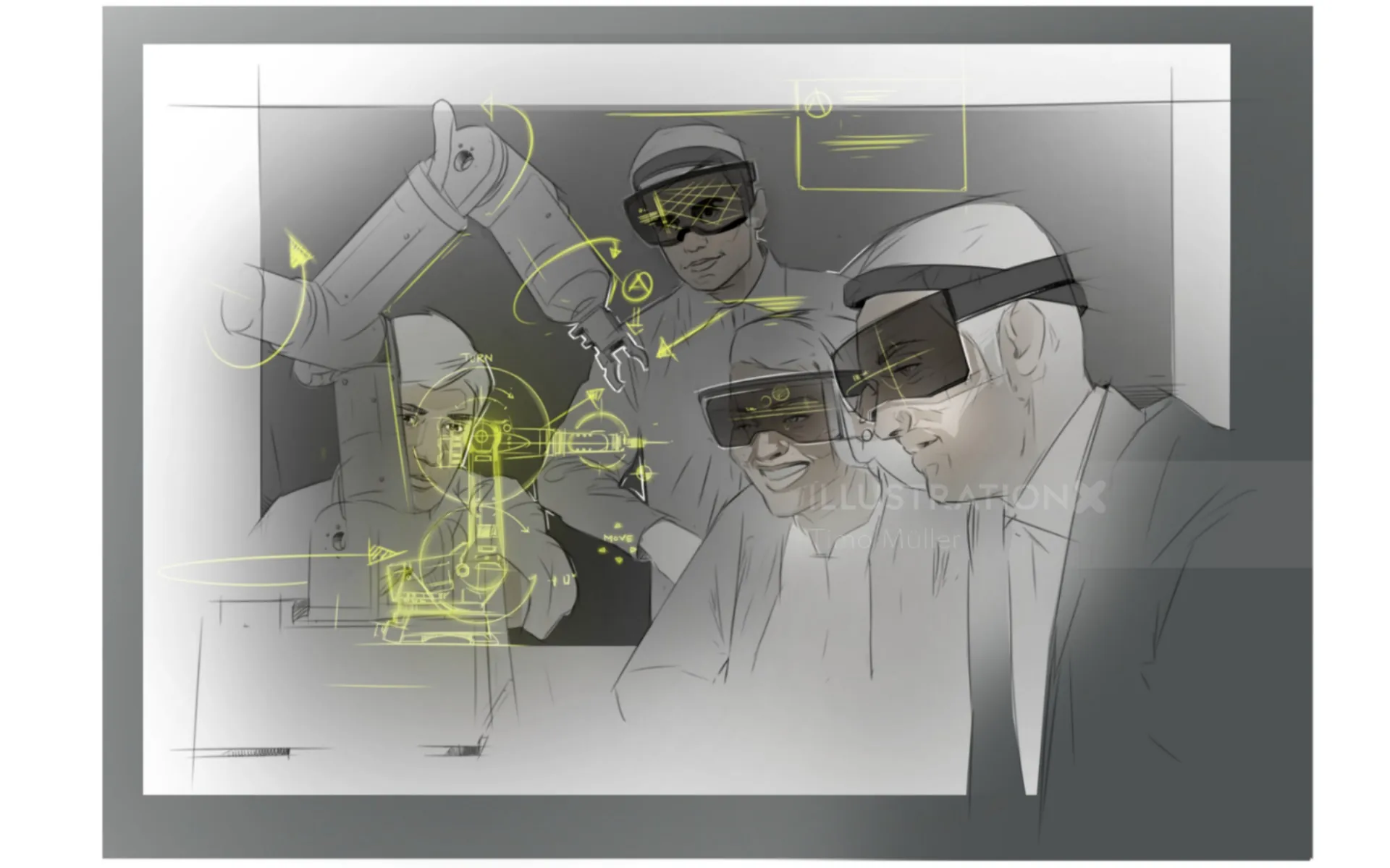 Three engineers wearing augmented reality headsets working with robotic arm, by Timo Müller