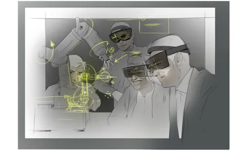 Three engineers wearing augmented reality headsets working with robotic arm, by Timo Müller