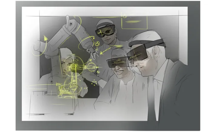 Three engineers wearing augmented reality headsets working with robotic arm, by Timo Müller