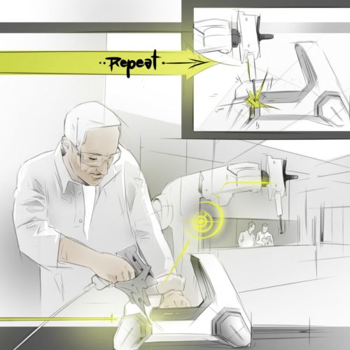 Man fixing leaking kitchen sink faucet, illustration by Timo Müller
