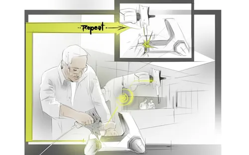 Man fixing leaking kitchen sink faucet, illustration by Timo Müller