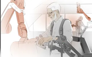 Engineer using robotic arms in industrial environment, digital illustration by Timo Müller