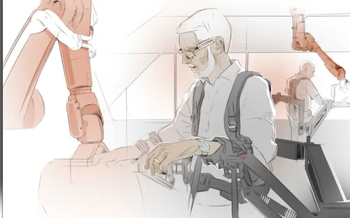 Engineer using robotic arms in industrial environment, digital illustration by Timo Müller