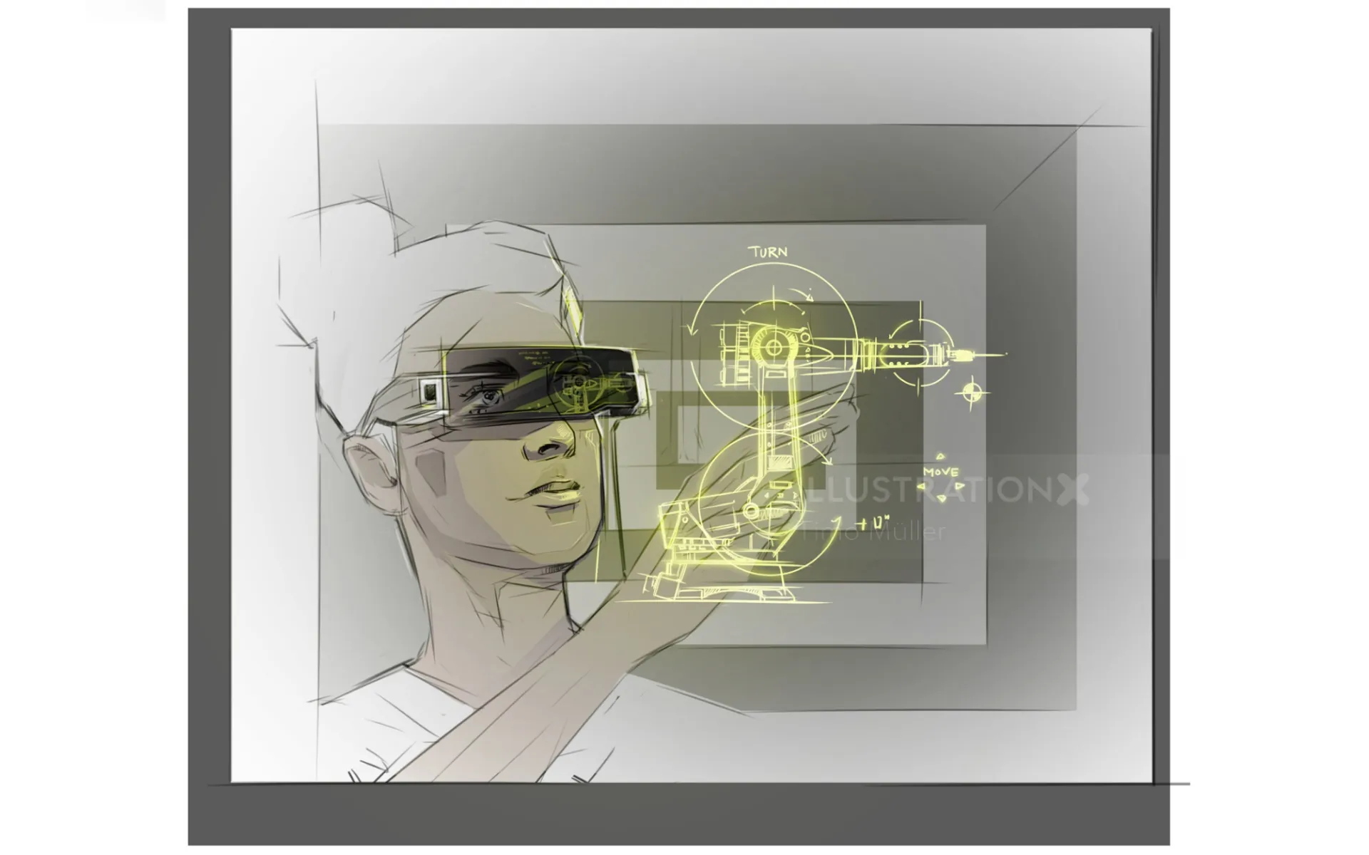 Person using augmented reality glasses to interact with virtual robotic arm by Timo Müller