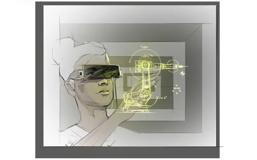Person using augmented reality glasses to interact with virtual robotic arm by Timo Müller