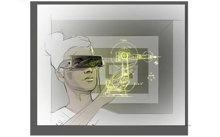 Person using augmented reality glasses to interact with virtual robotic arm by Timo Müller