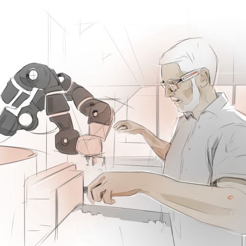 Scientific researcher working with robotic arms in lab by Timo Müller