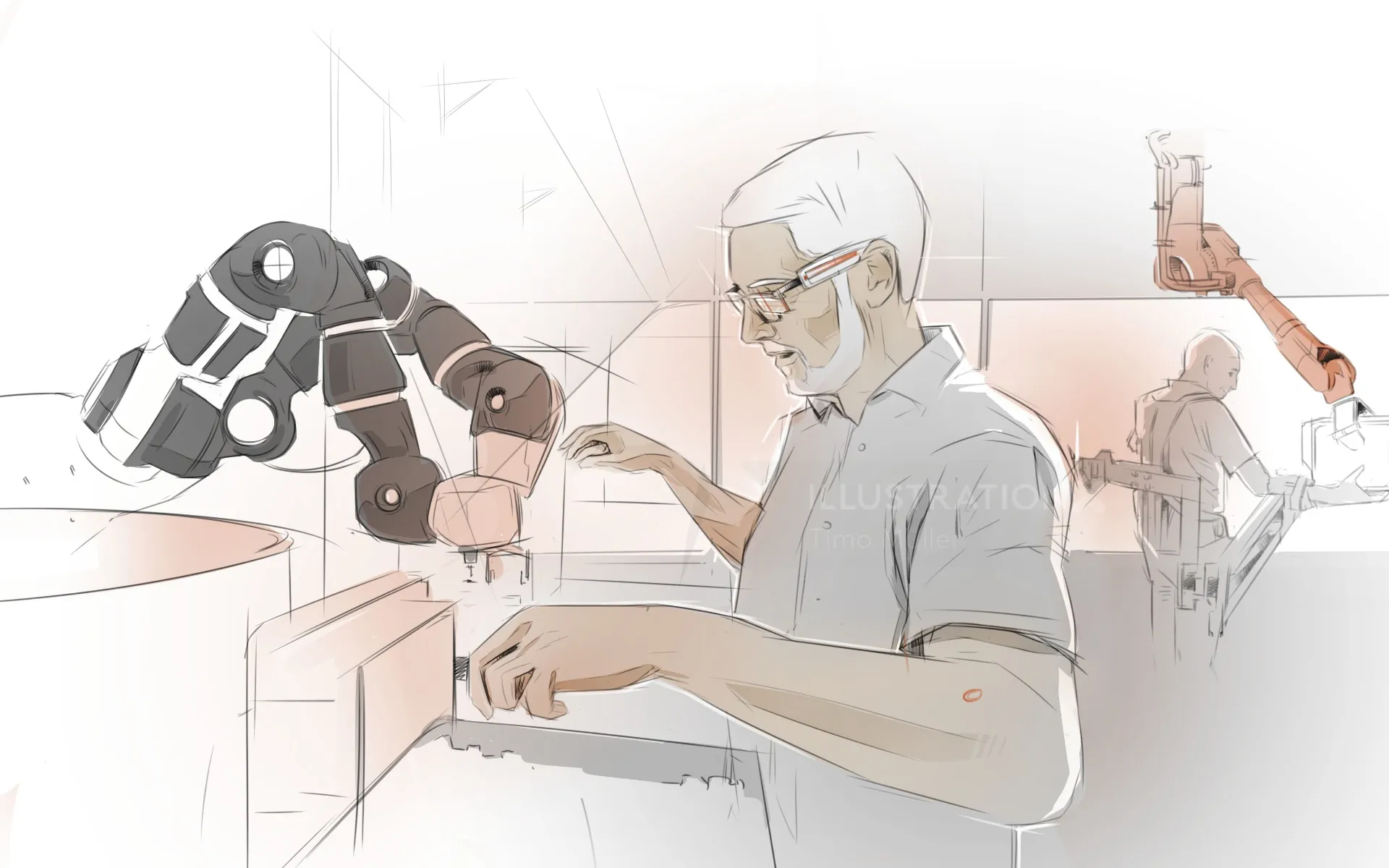 Scientific researcher working with robotic arms in lab by Timo Müller