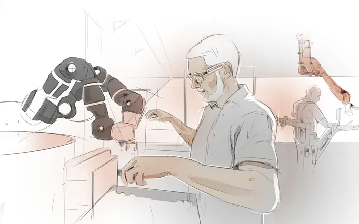 Scientific researcher working with robotic arms in lab by Timo Müller