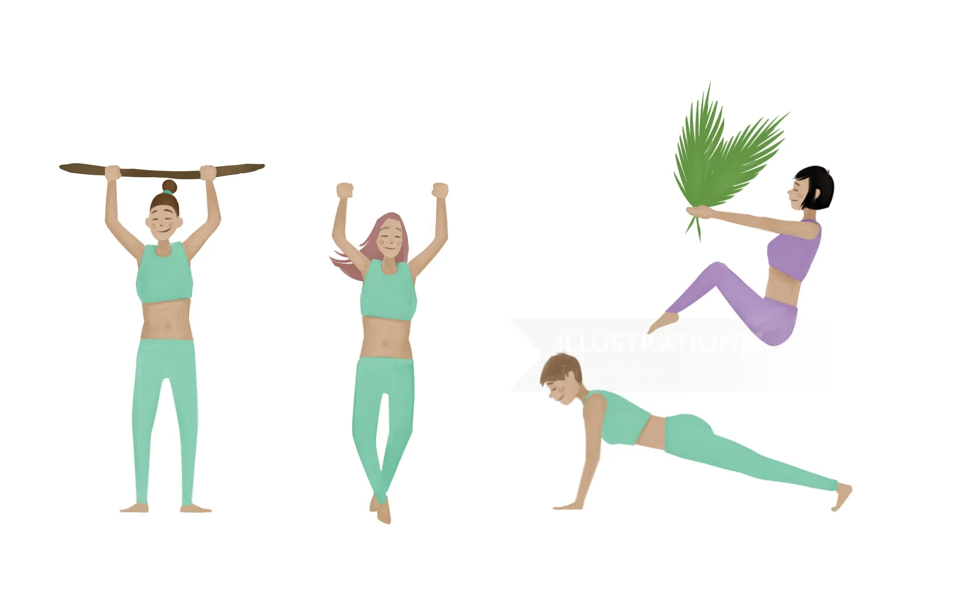 Four women exercising in different poses with a palm leaf by Timo Müller