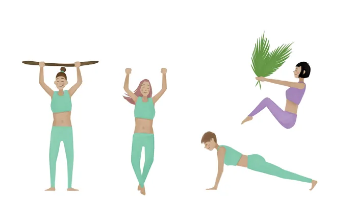 Four women exercising in different poses with a palm leaf by Timo Müller