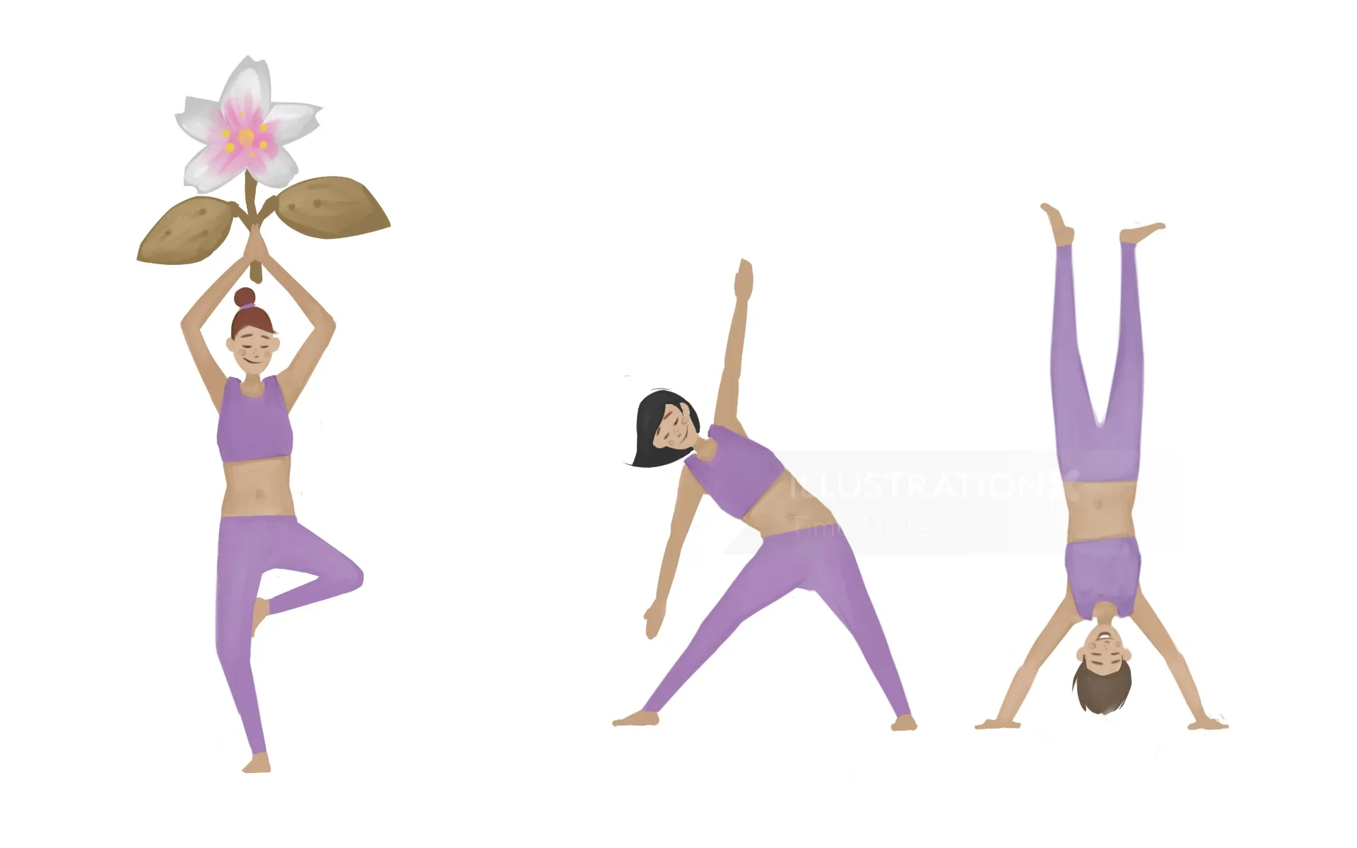 Three women in purple outfits doing yoga poses, by Timo Müller