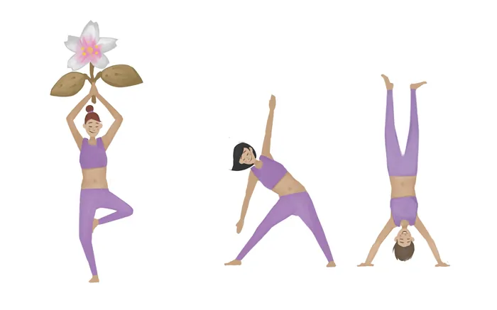 Three women in purple outfits doing yoga poses, by Timo Müller