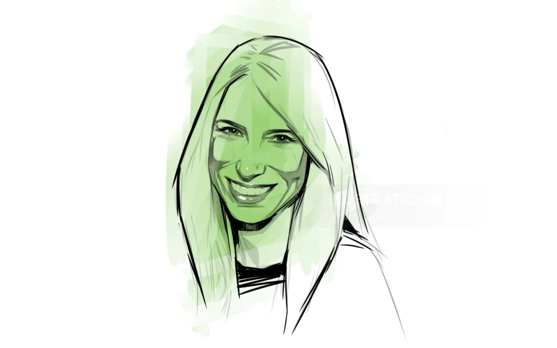Green and black sketch of a smiling woman with long hair by Timo Müller