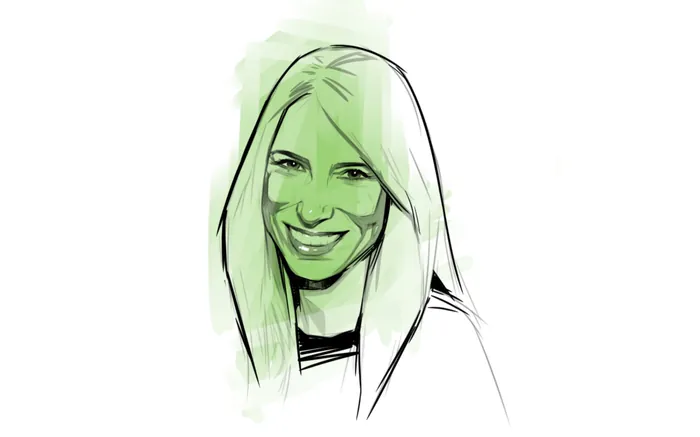 Green and black sketch of a smiling woman with long hair by Timo Müller