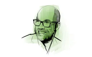 Smiling man with glasses and beard digital portrait by Timo Müller