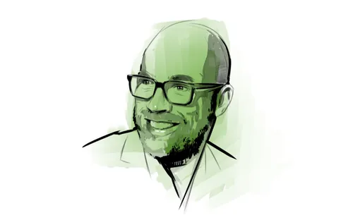 Smiling man with glasses and beard digital portrait by Timo Müller