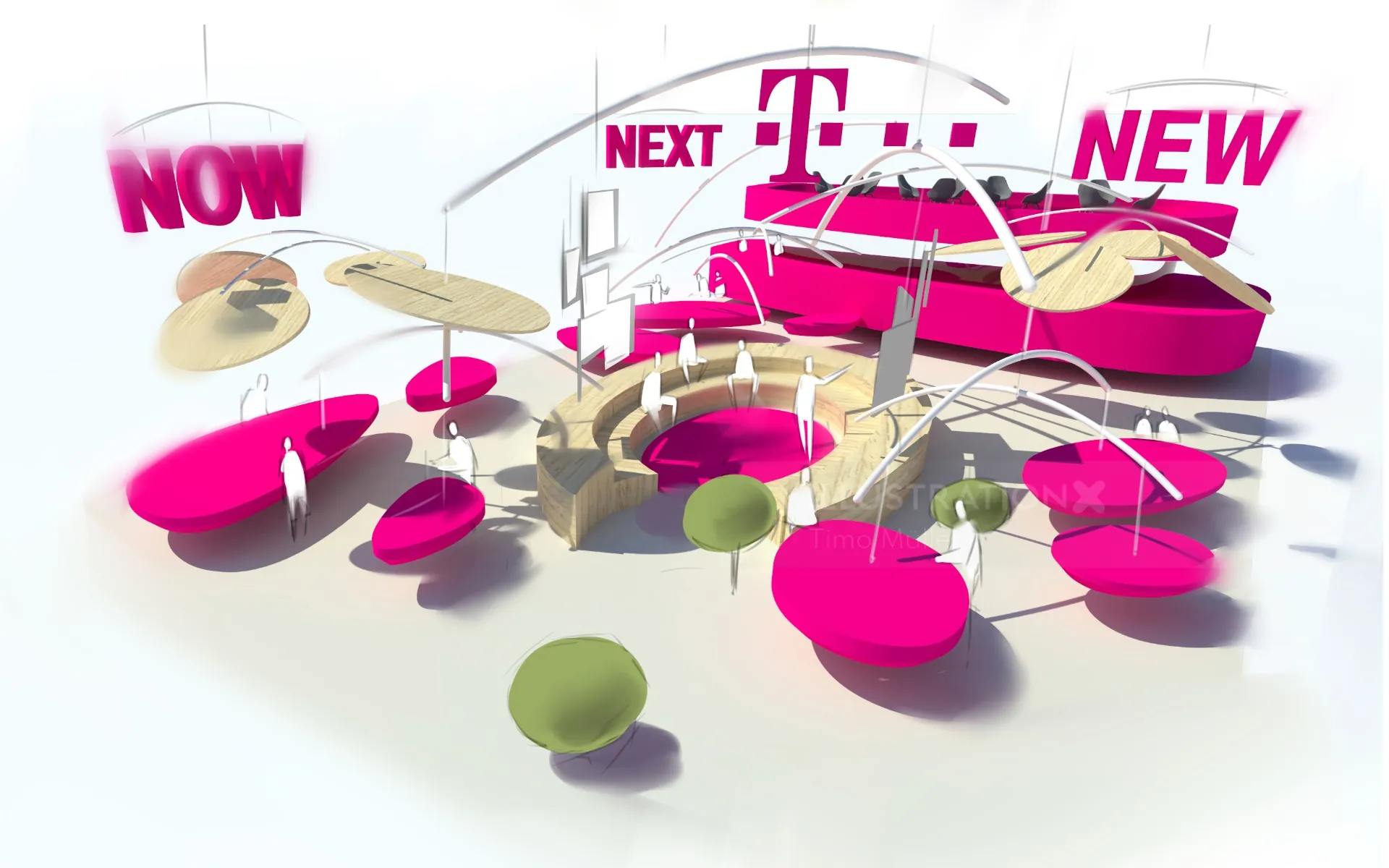 Abstract mobile sculpture with pink, beige, and green elements by Timo Müller