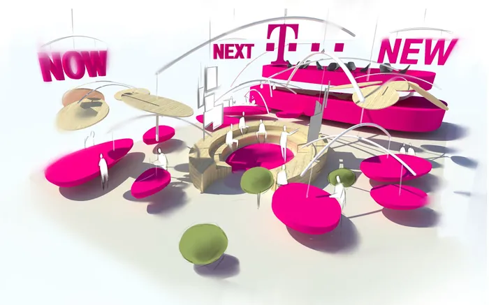 Abstract mobile sculpture with pink, beige, and green elements by Timo Müller