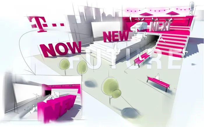 Conceptual futuristic urban scene with bold NOW and NEXT text by Timo Müller