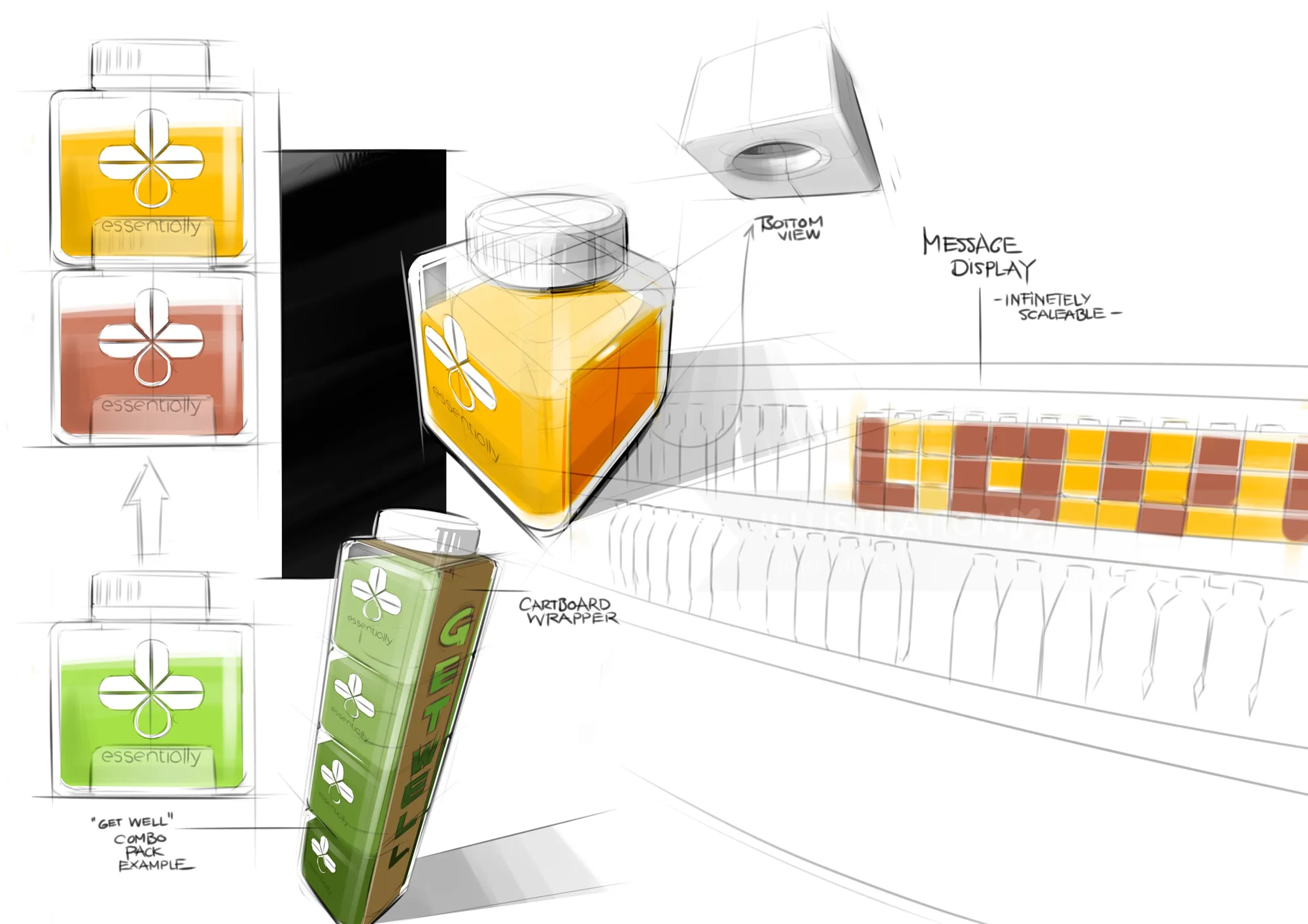 Concept sketch of juice bottles and carton packaging by artist Timo Müller