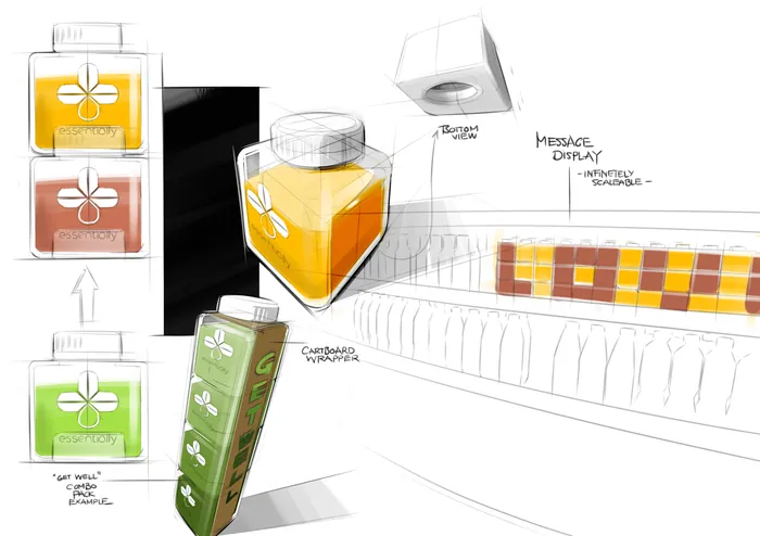 Concept sketch of juice bottles and carton packaging by artist Timo Müller