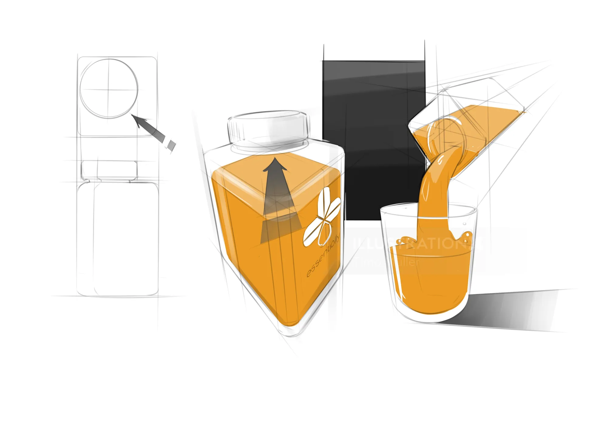 Illustration of orange juice being poured from a triangular bottle into a glass by Timo Müller