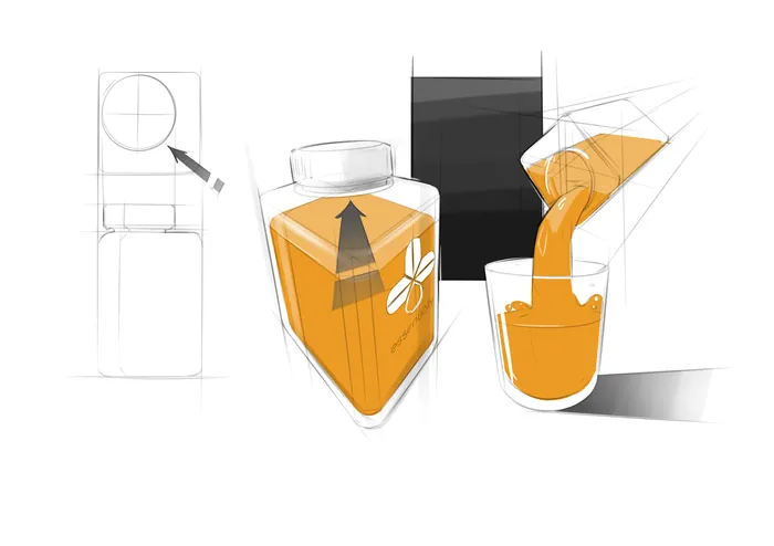 Illustration of orange juice being poured from a triangular bottle into a glass by Timo Müller