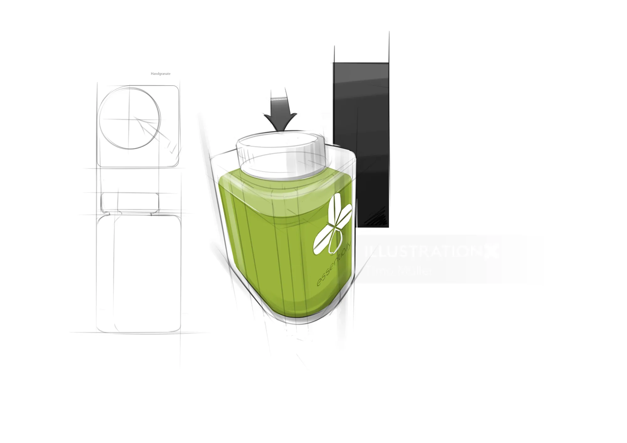 Green juice bottle design concept sketch by Timo Müller