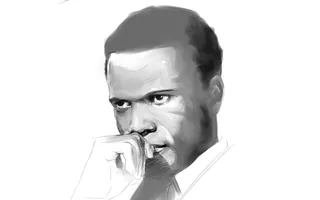 Black and white digital drawing of a thoughtful man by Timo Müller