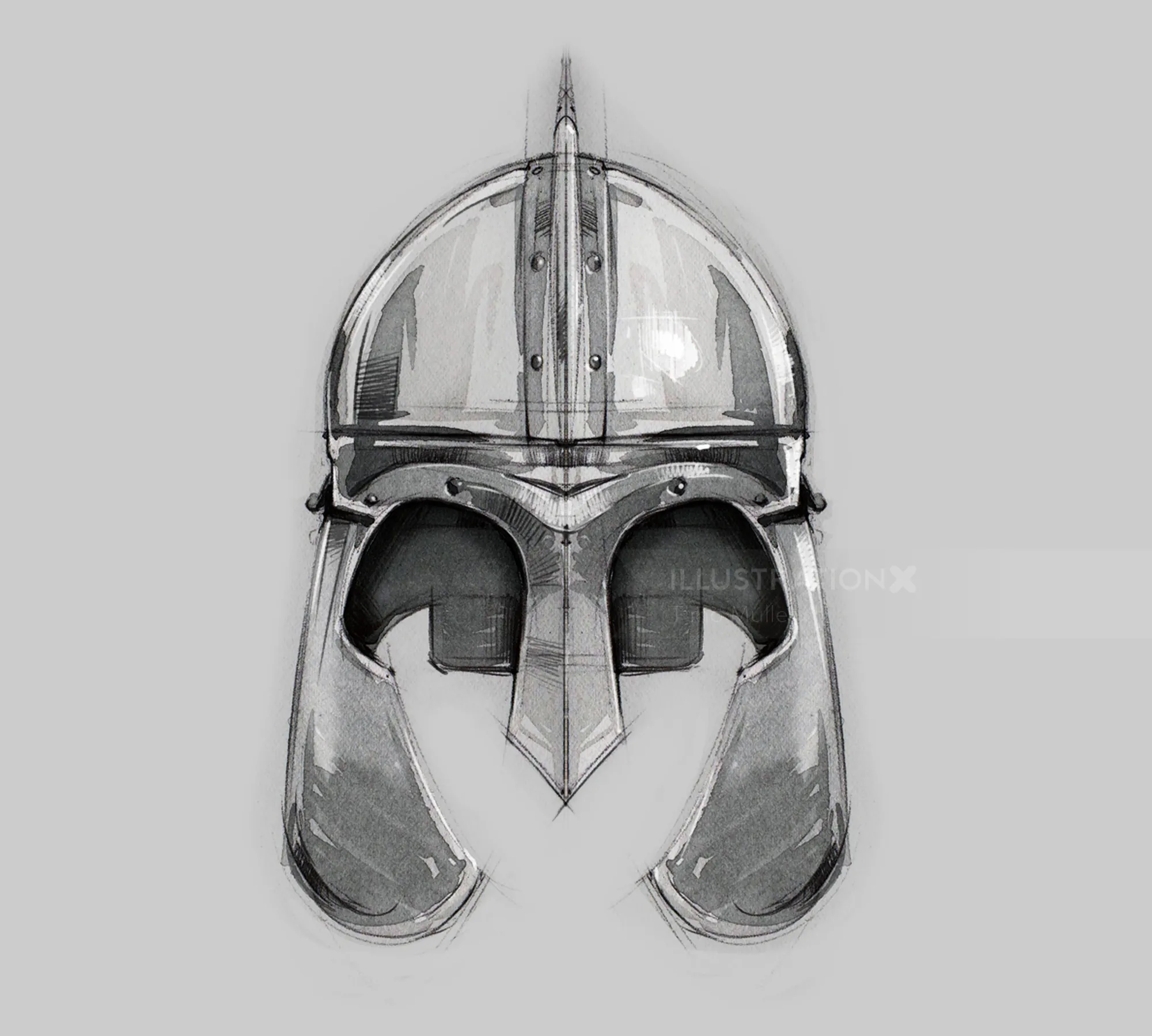 Monochrome medieval steel helmet illustration by Timo Müller
