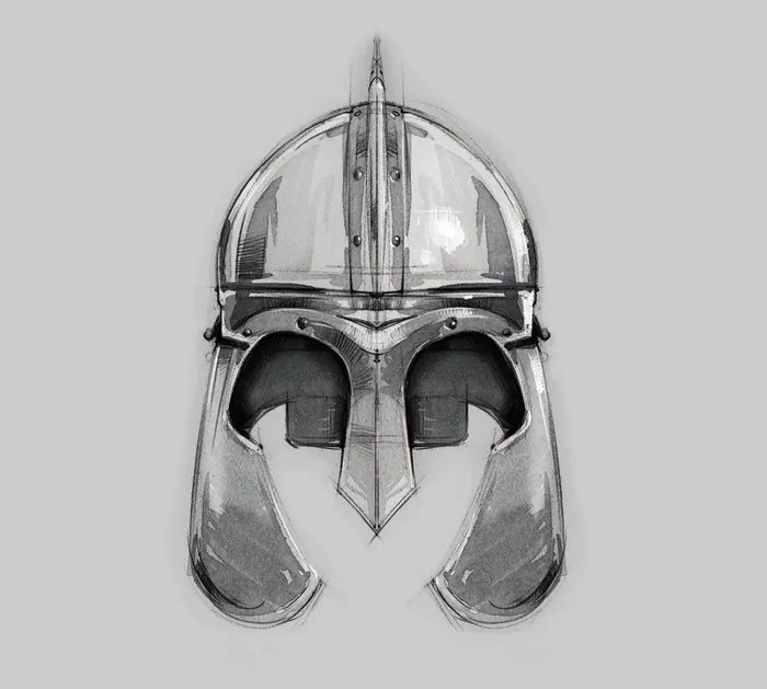 Monochrome medieval steel helmet illustration by Timo Müller