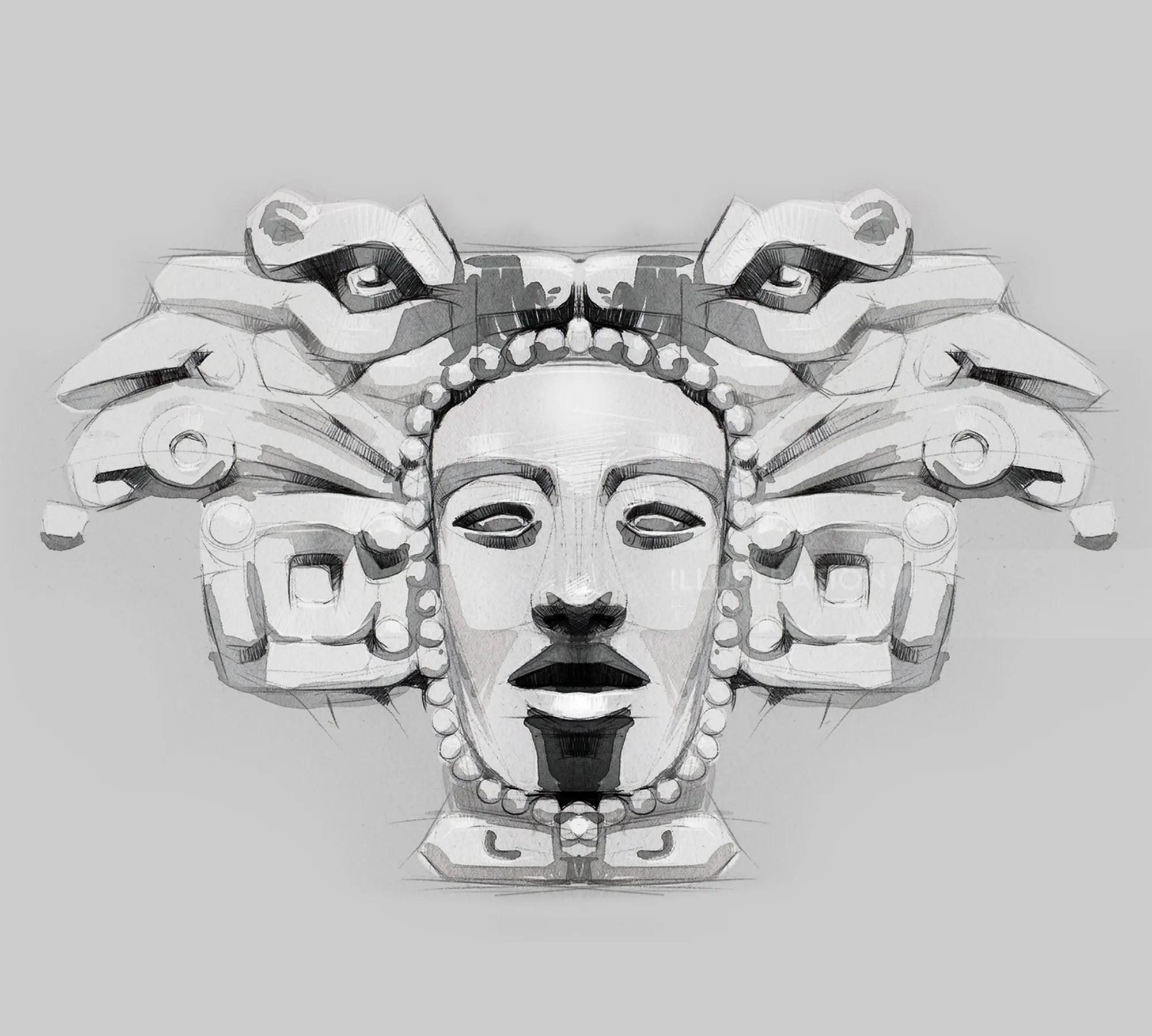 Stone mask with intricate Mesoamerican design by Timo Müller