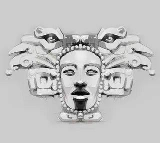 Stone mask with intricate Mesoamerican design by Timo Müller