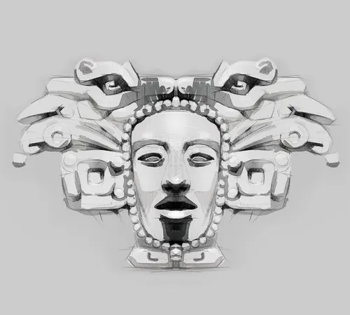 Stone mask with intricate Mesoamerican design by Timo Müller