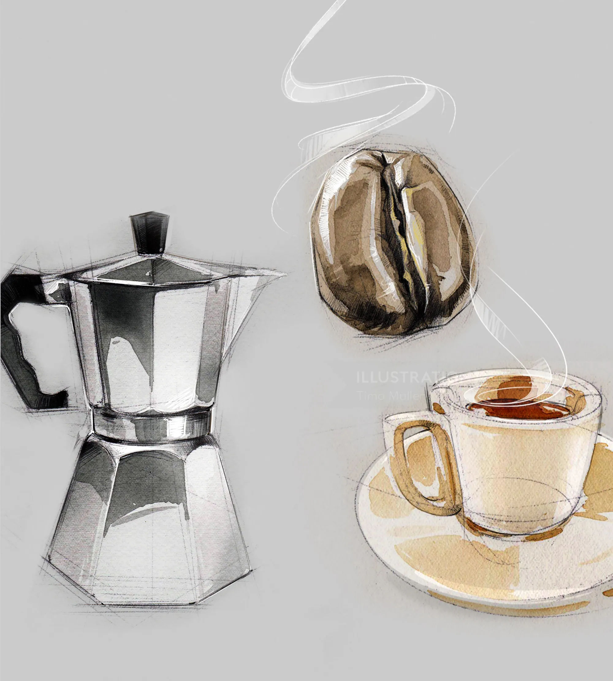 Illustration of moka pot, coffee bean, and steaming cup of coffee by Timo Müller