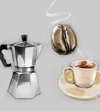 Illustration of moka pot, coffee bean, and steaming cup of coffee by Timo Müller