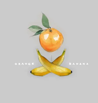 Watercolor fruit illustration of an orange with leaves and crossed bananas by Timo Müller