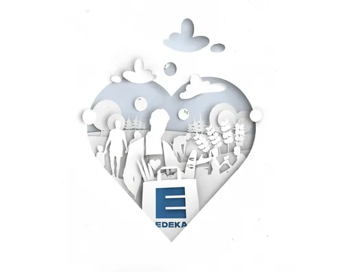 Heart-shaped paper cutout art with EDEKA logo and figures by Timo Müller