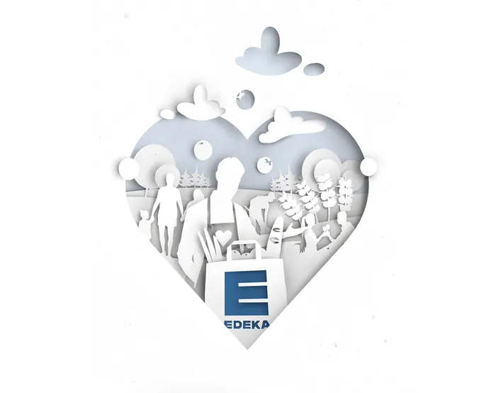 Heart-shaped paper cutout art with EDEKA logo and figures by Timo Müller