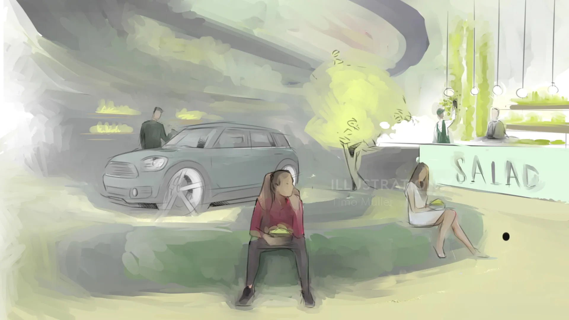 Digital illustration of people near car and salad bar by Timo Müller