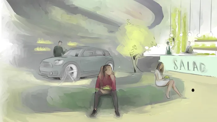 Digital illustration of people near car and salad bar by Timo Müller